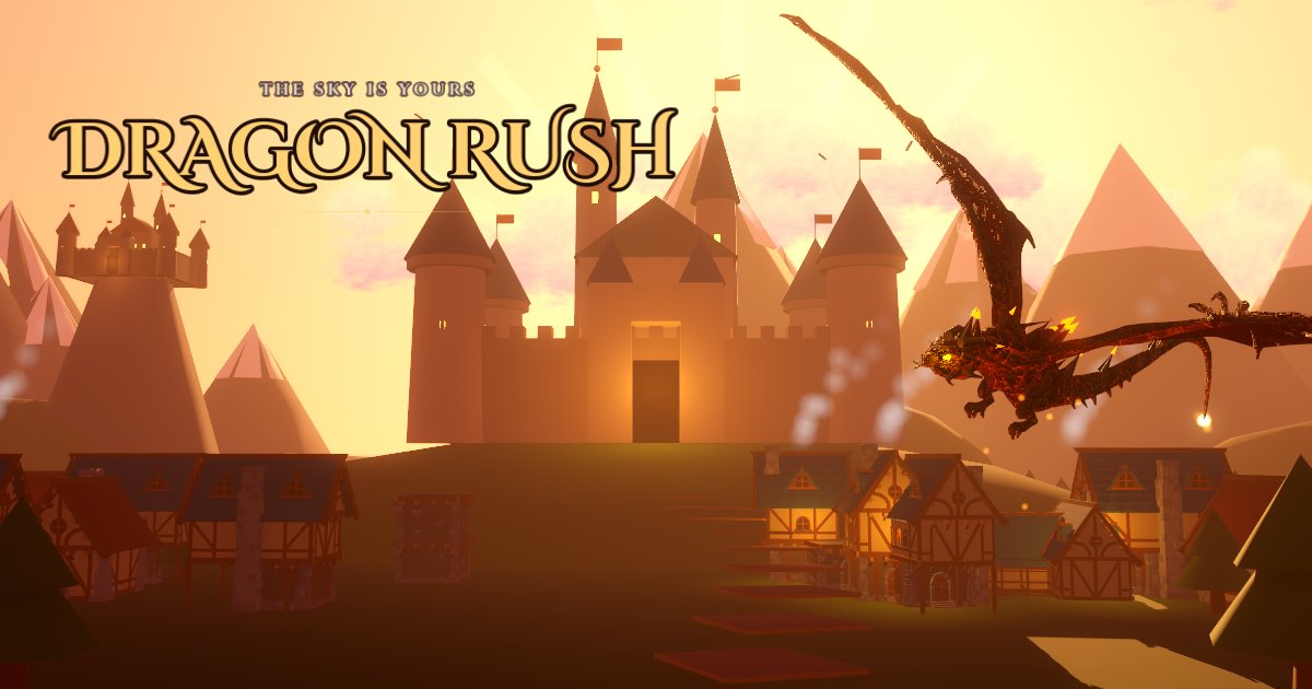 Dragon Rush: a fire dragon flies over a castle at sunset